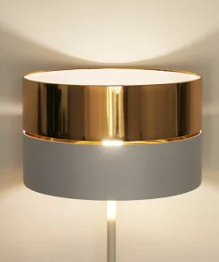 Biała lampa podłogowa z biało-złotym abażurem TK 5074 z serii HILTON*Sklep Kaja Outlet