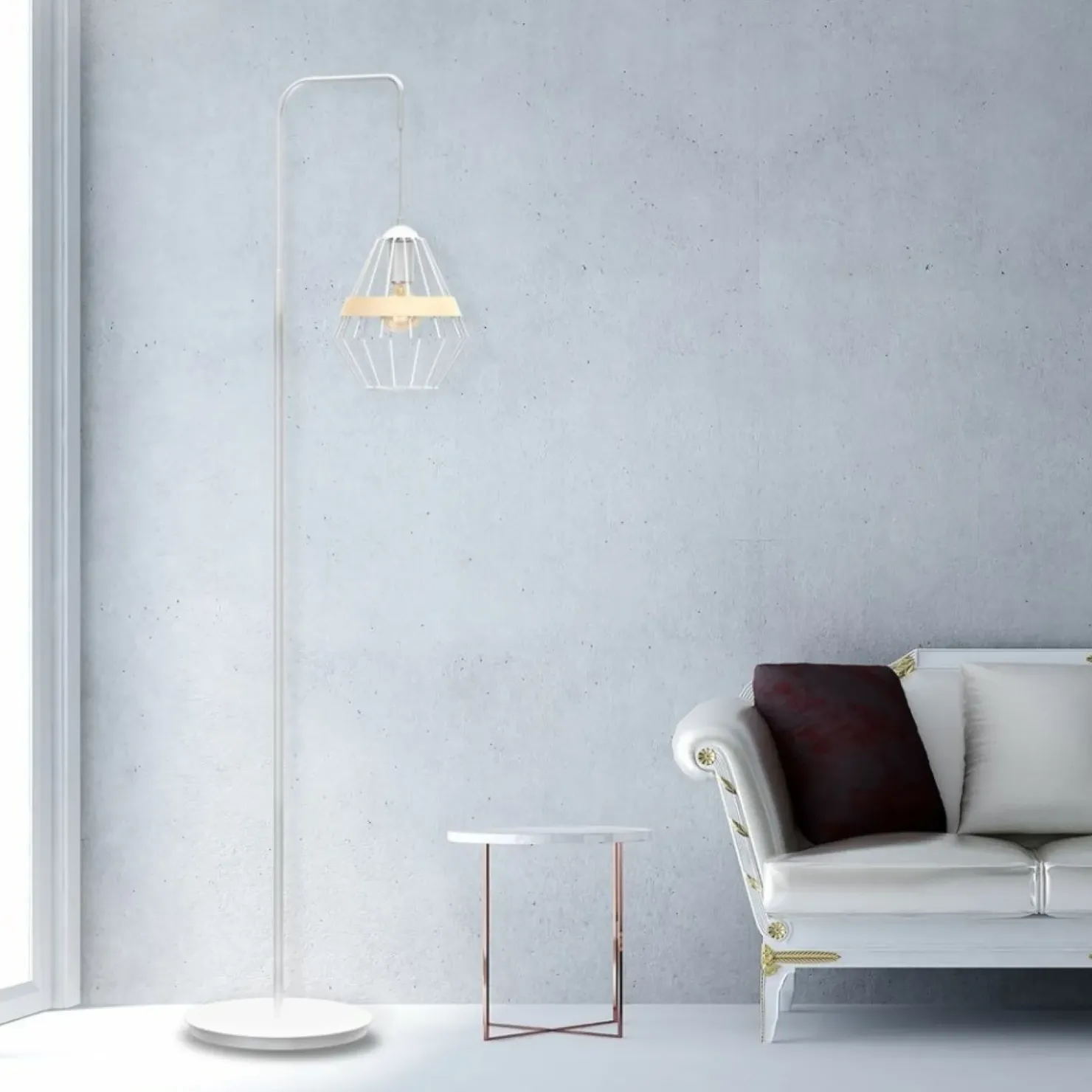 Biała lampa podłogowa z drucianym kloszem MLP5522 z serii CLIFF | Kaja Oświetlen*Sklep Kaja Online
