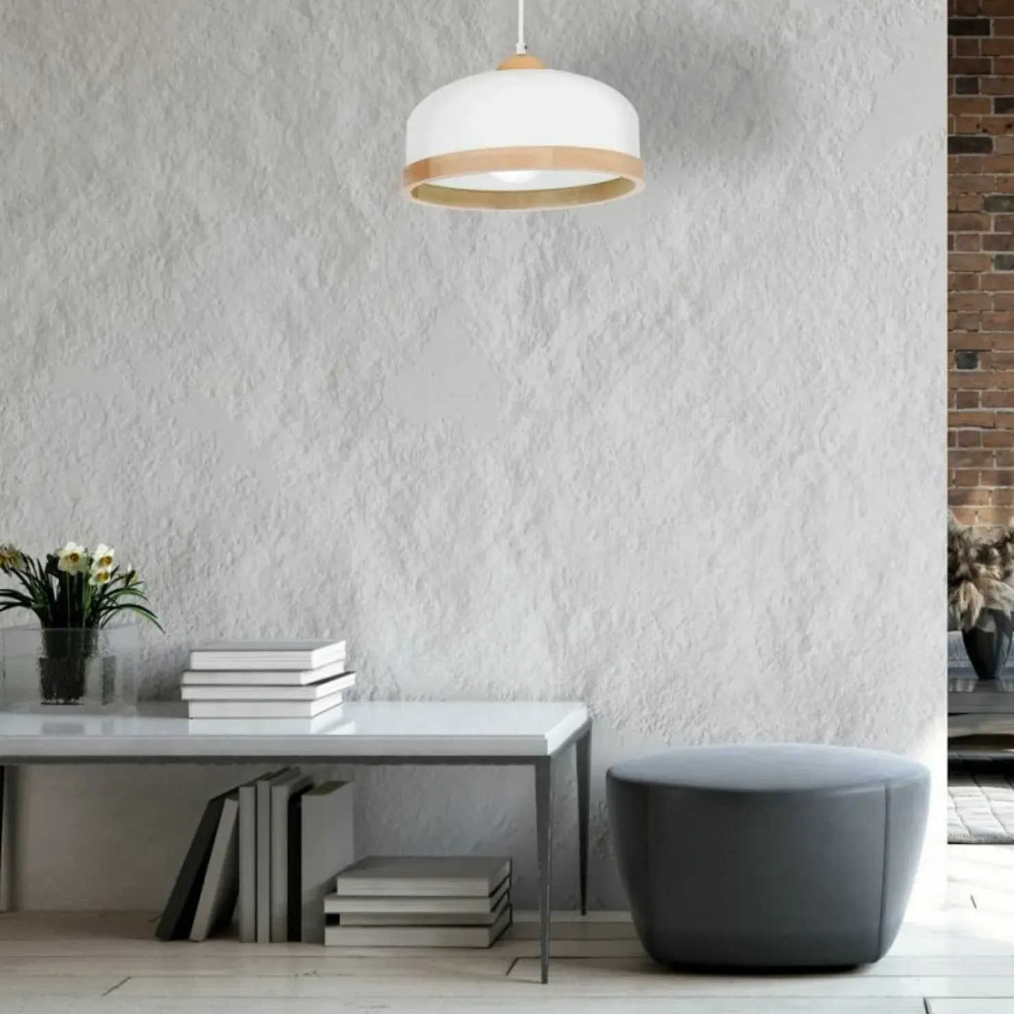 Outlet Sklep Kaja Biała lampa wisząca z elementami drewna MLP8848 STUDIO | Kaja