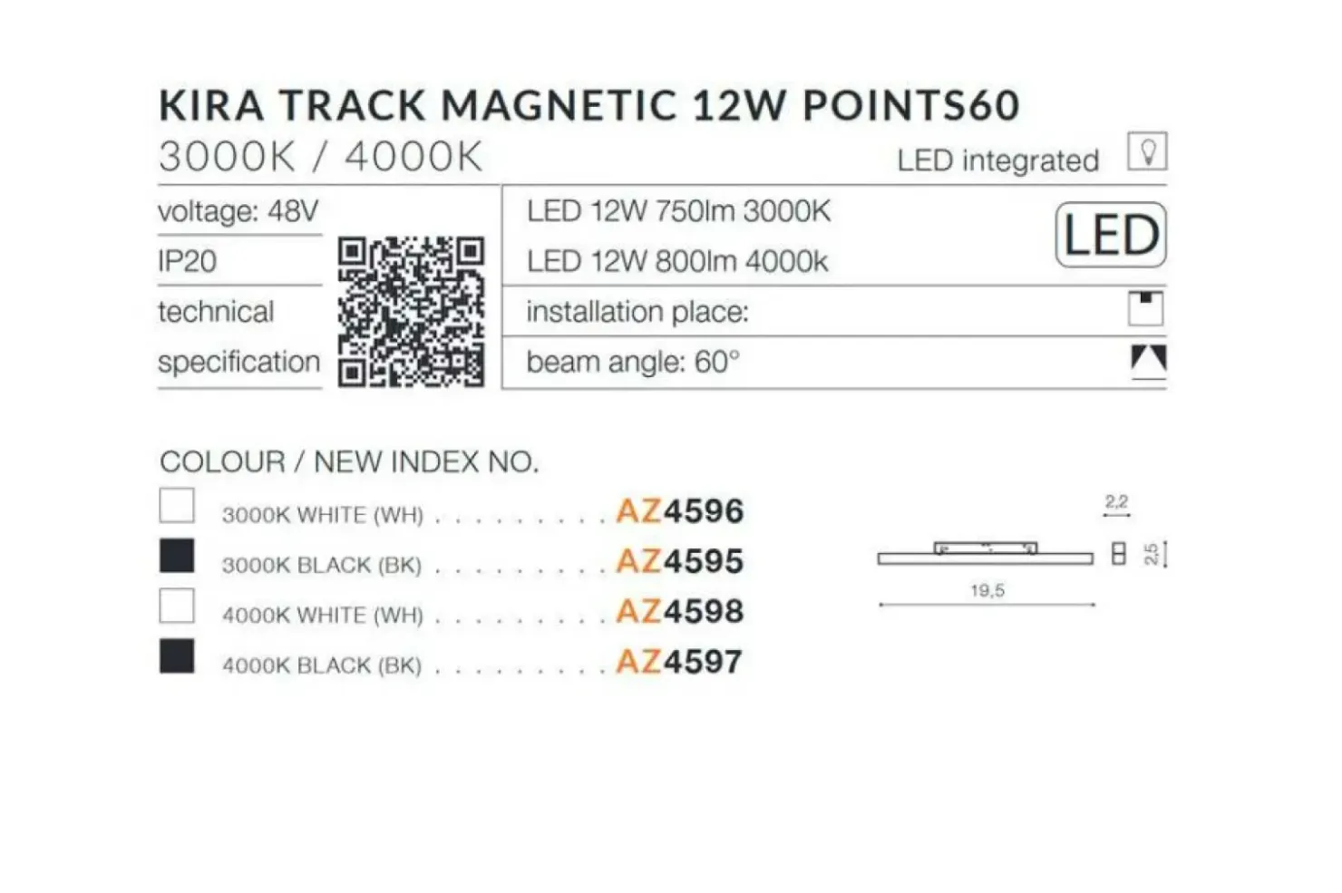 Czarna głowica LED 19,5cm 12W 4000K AZ4597 KIRA ALFA MAGNETIC 48V*Sklep Kaja Fashion
