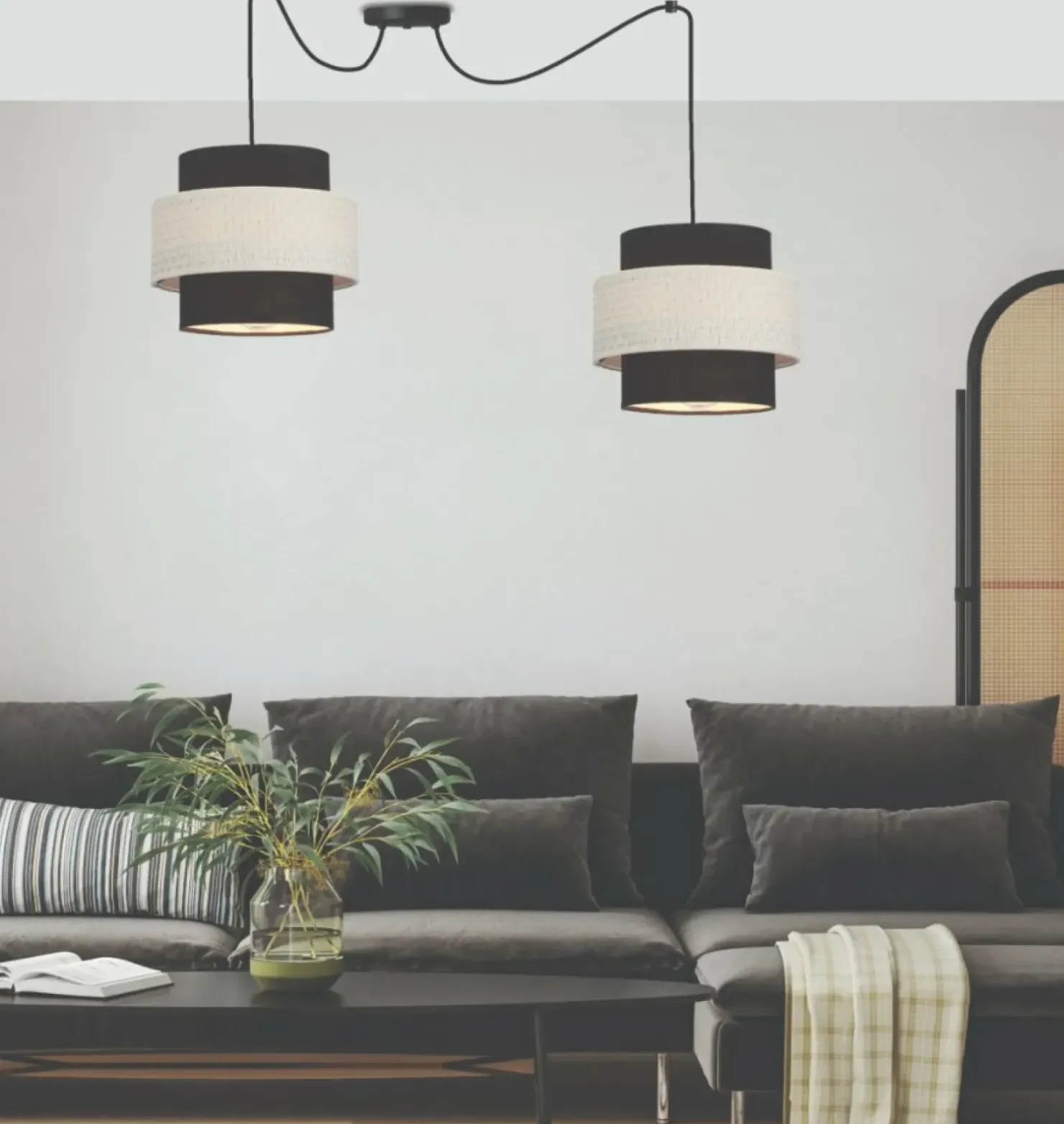 Store Sklep Kaja Czarno-biała lampa wisząca z dwoma abażurami 32-17857 z serii BENETA | Kaja Oświ