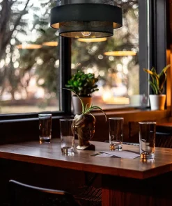 Czarno-złota lampa wisząca z gustownym abażurem K-5281 z serii AMOS*Sklep Kaja Hot