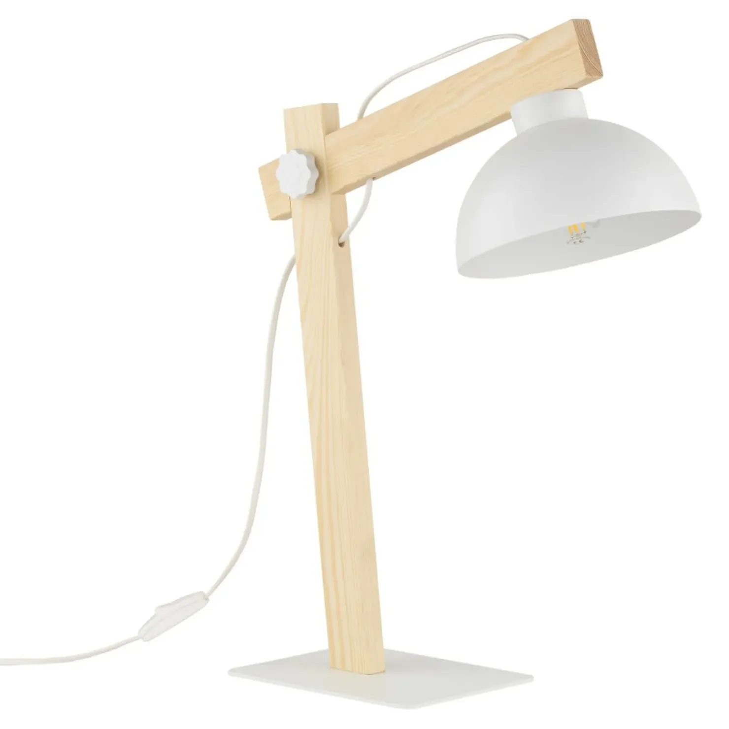 Designerska, biała lampka biurkowa z drewnem TK 5347 z serii OSLO*Sklep Kaja Store