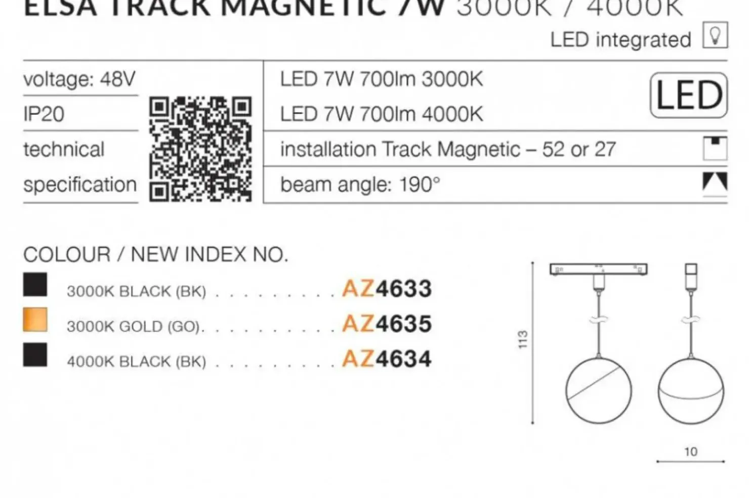 Głowica do szyny 1-fazowej 7W 4000K AZ4634 ELSA ALFA MAGNETIC 48V*Sklep Kaja Discount