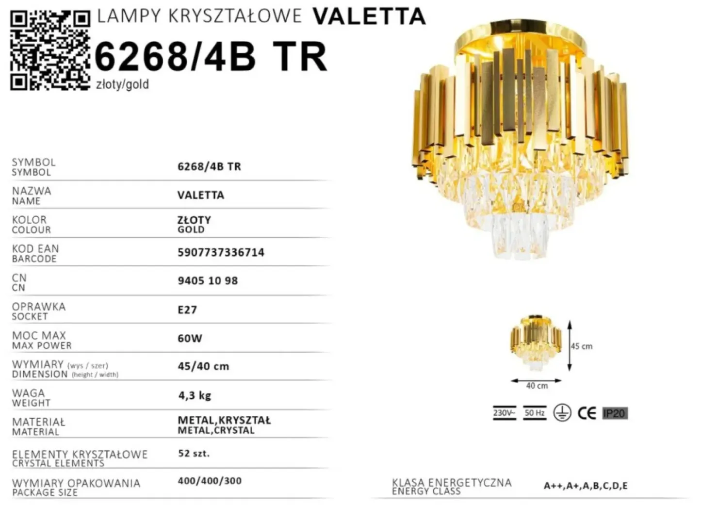 Królewska lampa sufitowa, plafon glamour 6268/4B TR VALETTA | Kaja*Sklep Kaja Outlet