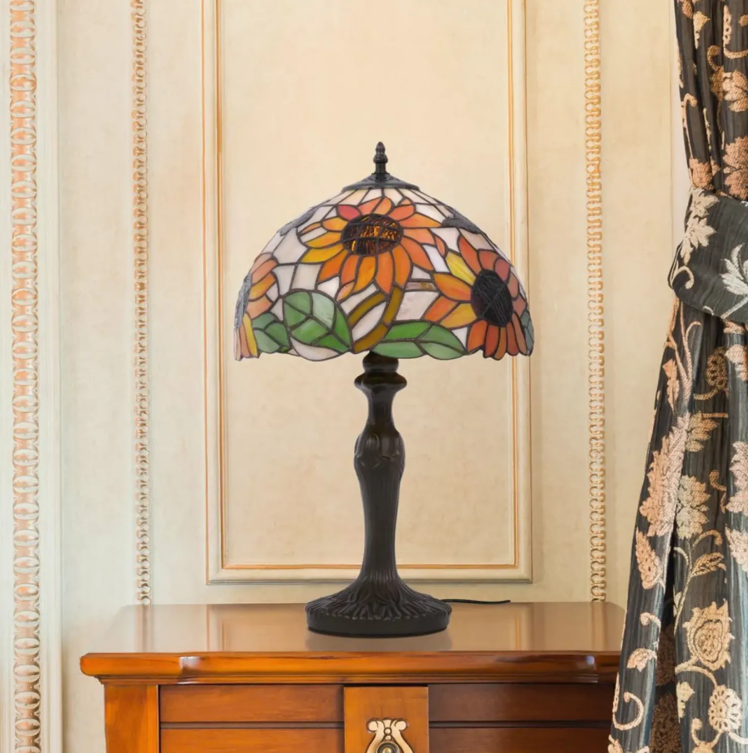 Lampa stołowa wyjątkowym, witrażowym kloszem K-G12814 z serii SUNFLOWER*Sklep Kaja Clearance