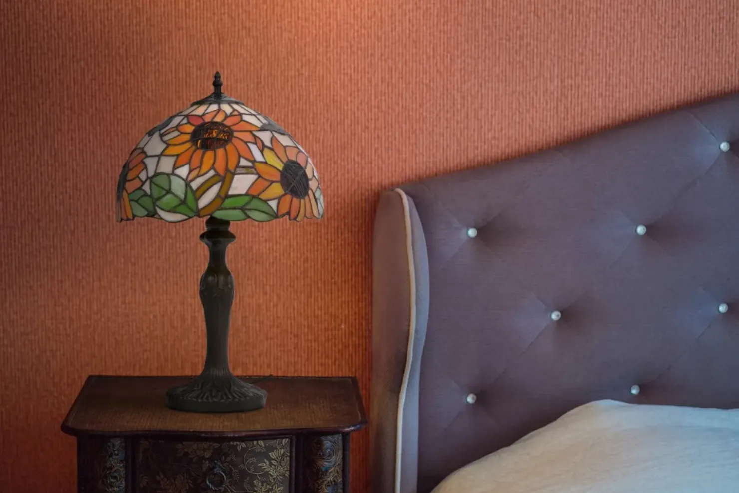 Lampa stołowa wyjątkowym, witrażowym kloszem K-G12814 z serii SUNFLOWER*Sklep Kaja Clearance