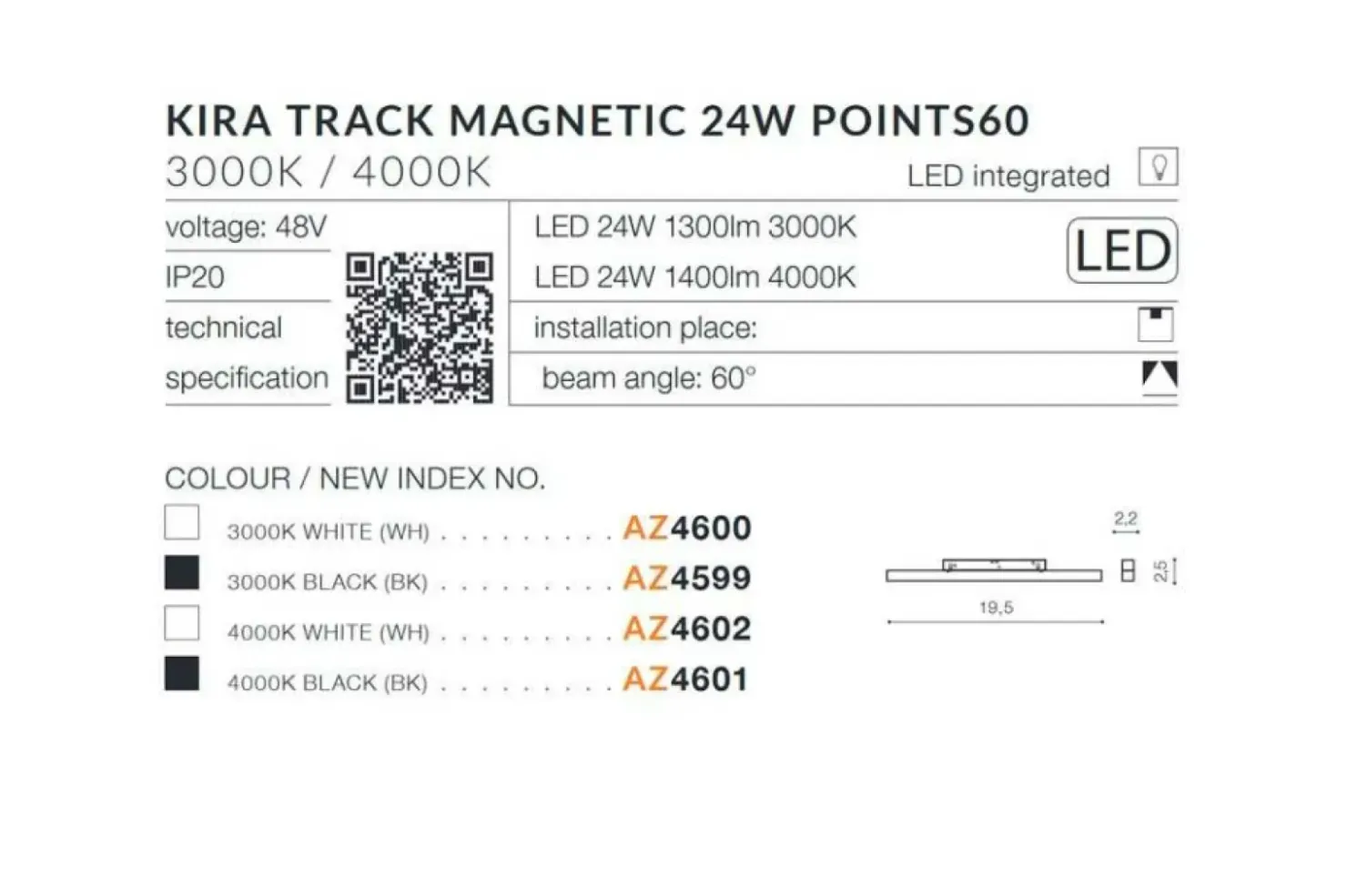 Listwa LED do szyny 19,5cm 24W 4000K AZ4602 KIRA ALFA MAGNETIC 48V*Sklep Kaja New