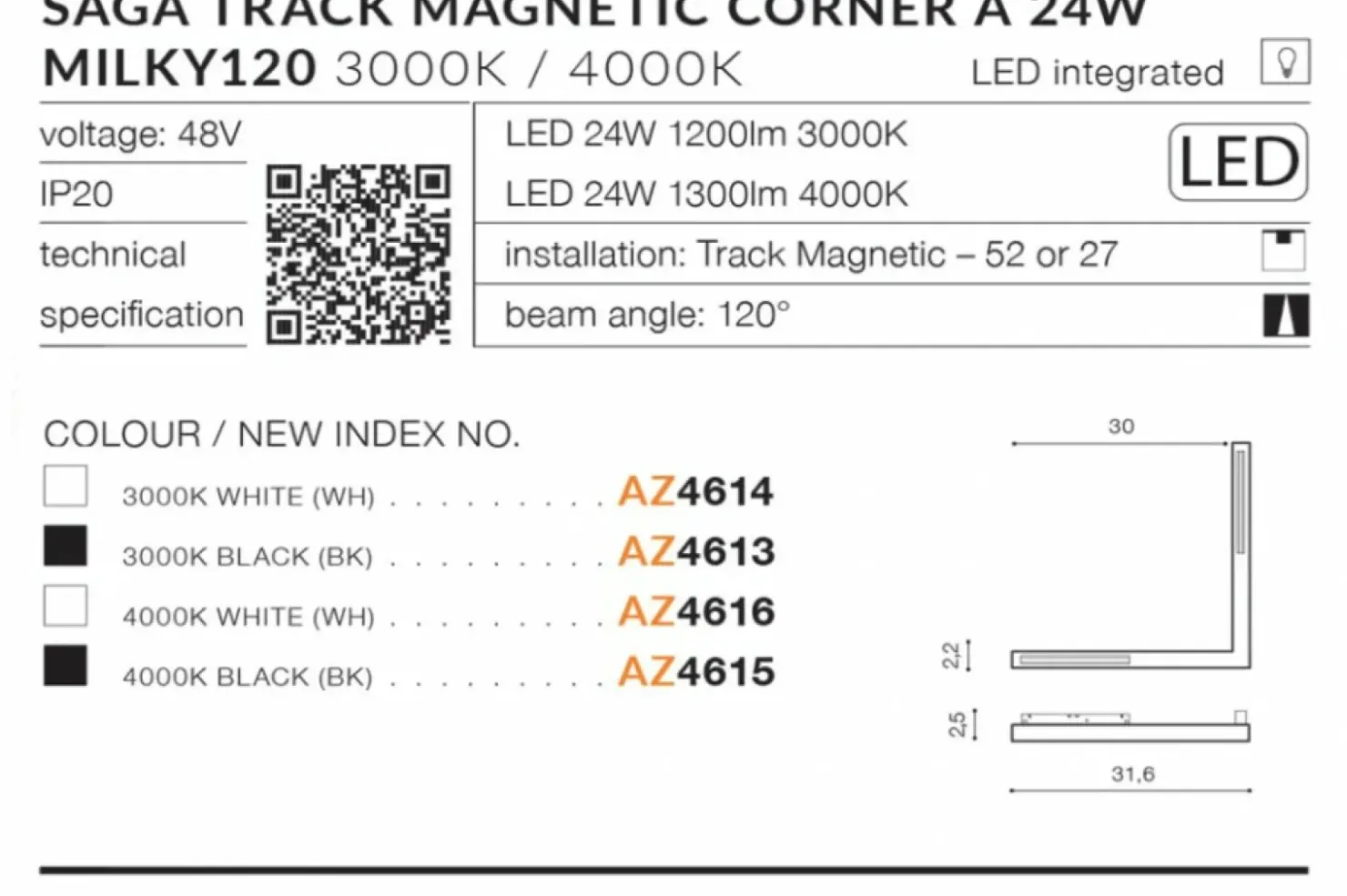 Rogowy reflektor LED do szyny magnetycznej 1-fazowej AZ4614 SAGA*Sklep Kaja Fashion