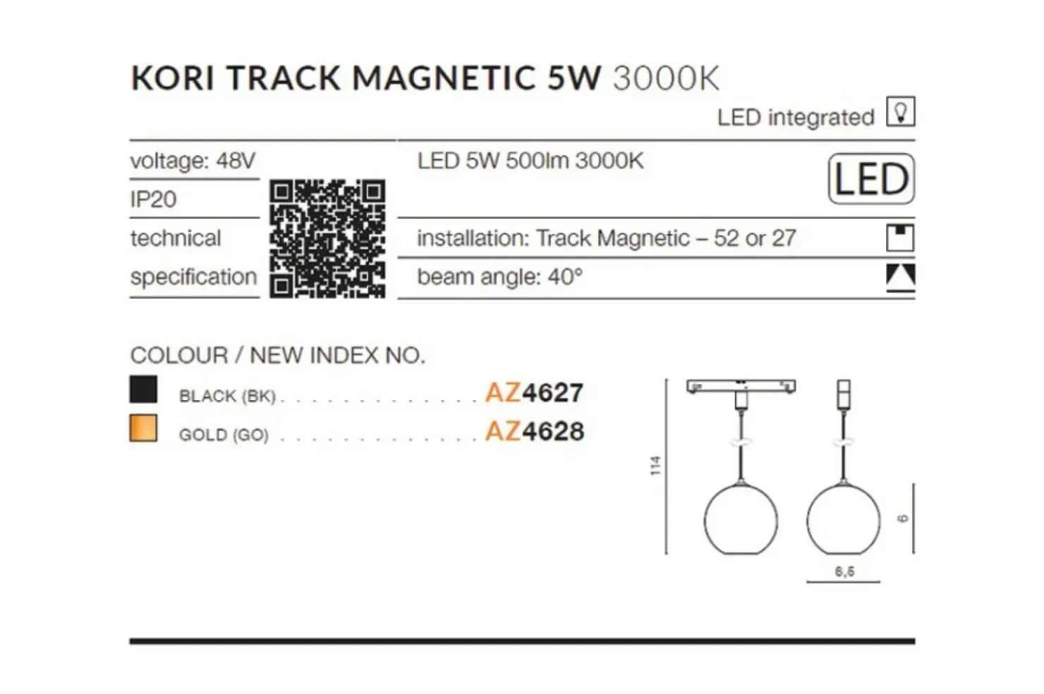 Złota kula LED do szyny 1-fazowej magnetycznej AZ4628 z serii KO*Sklep Kaja Online